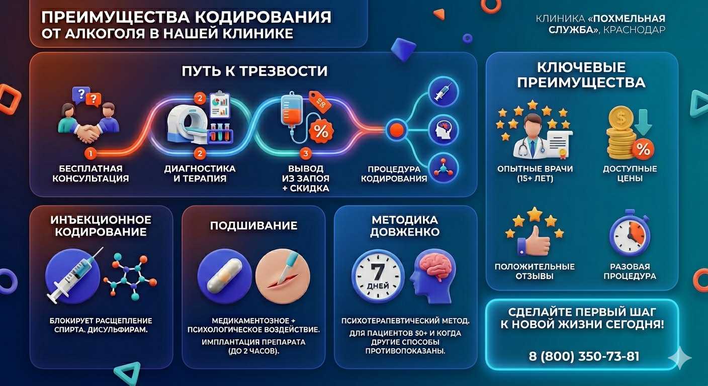 Инфографика о методах кодирования от алкоголя в Рассказово: инъекции, подшивание, метод Довженко. Преимущества клиники и этапы лечения.