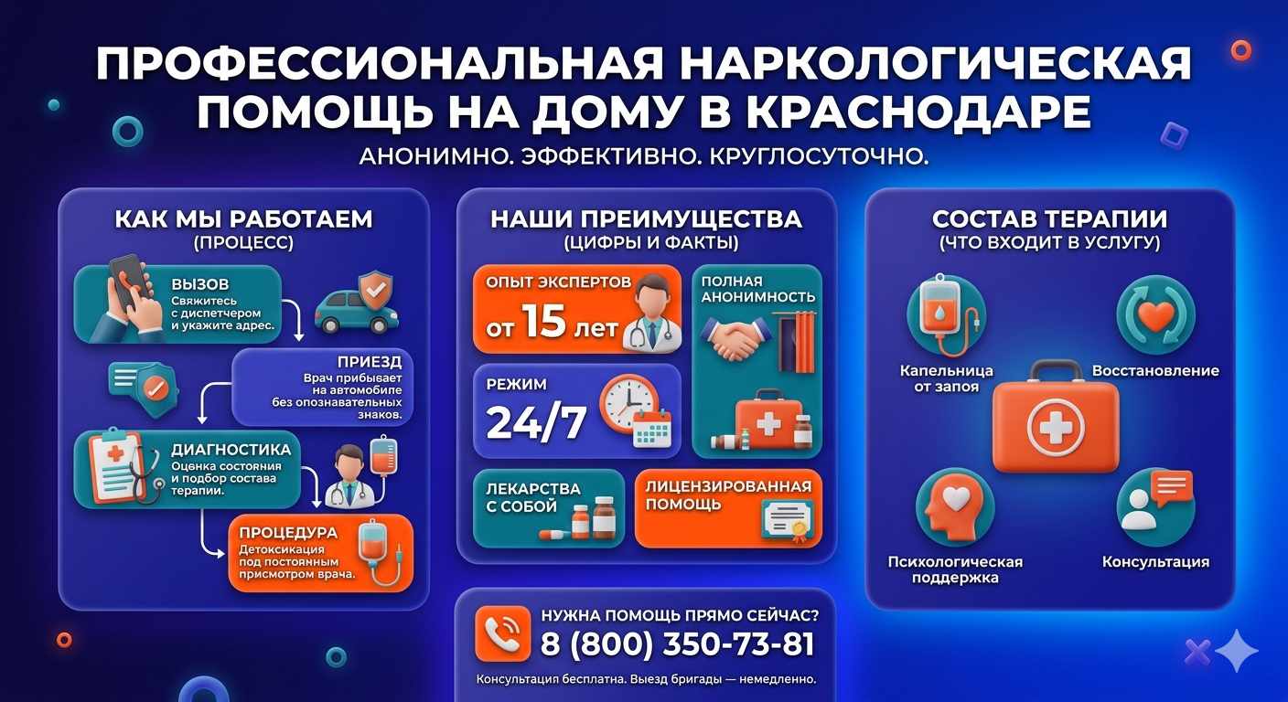 Инфографика о принципах лечения алкоголизма на дому в Рассказово: этапы вызова нарколога, преимущества анонимной детоксикации и состав медицинской помощи.